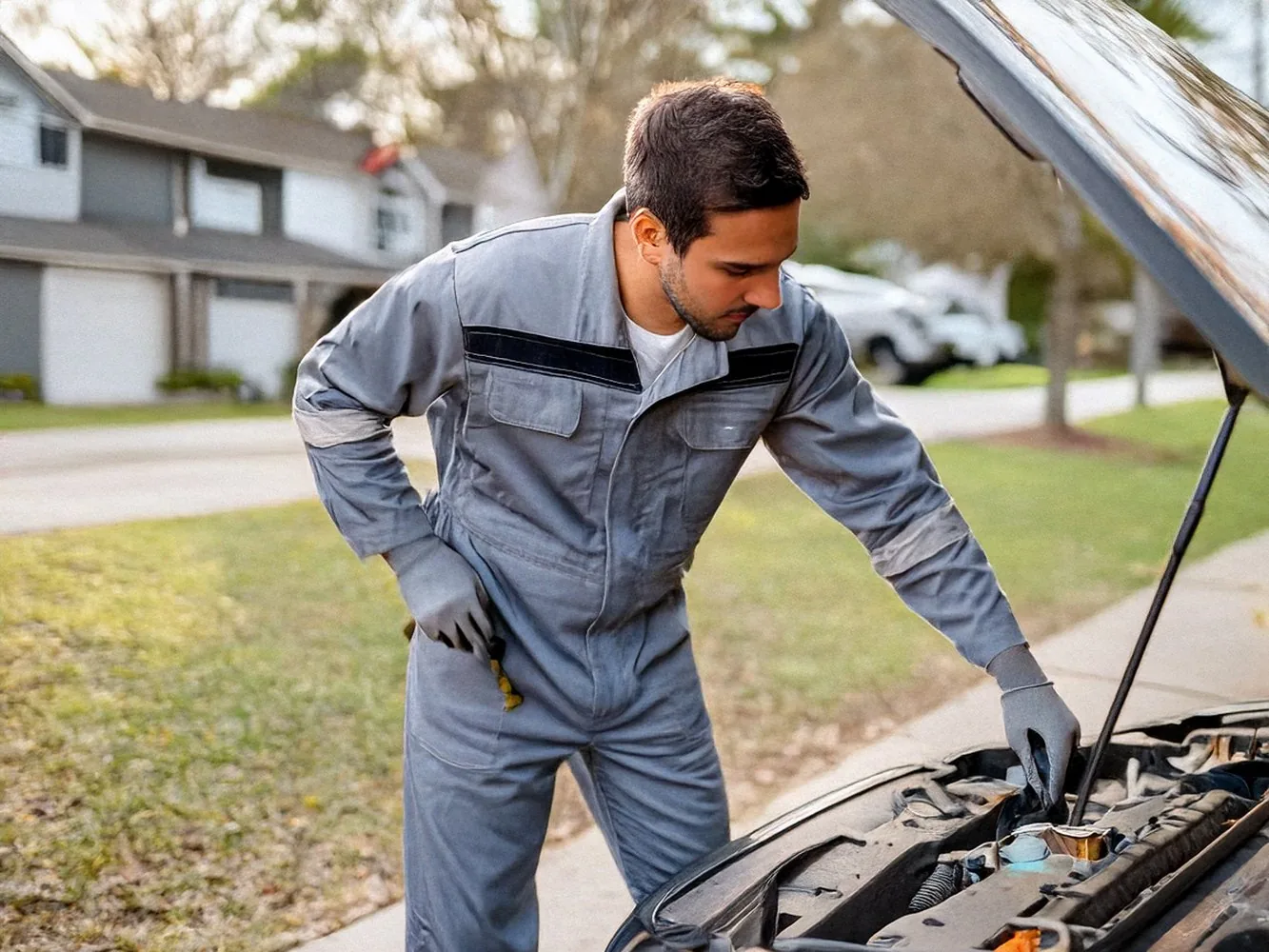 Central Valley Mobile Mechanic technician working under the hood of a vehicle in a residential driveway