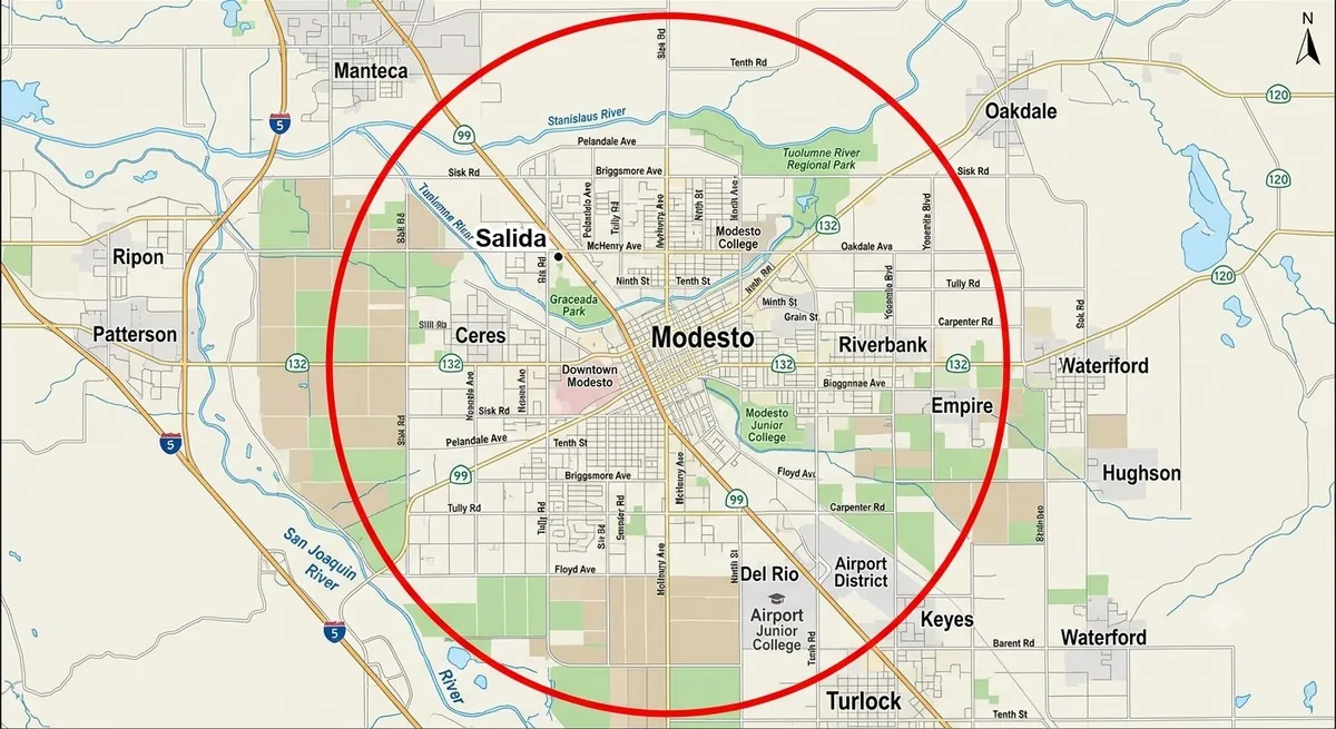 Map showing the Central Valley Mobile Mechanic service area: a 15-mile radius around Modesto, California, taking in Ceres, Riverbank, Empire, Salida and Del Rio